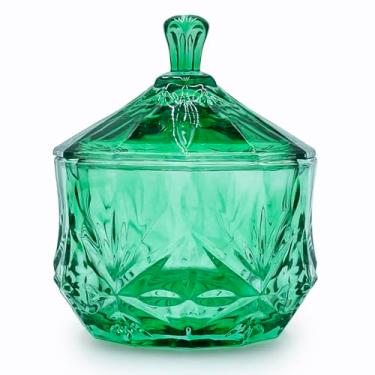 Imagem de EWEIGEER Prato de vidro para doces de 227 g com tampa não hermética, pequeno pote de cristal de cristal, suporte redondo de algodão, escritório, banheiro, organizador de sala de jantar (verde)