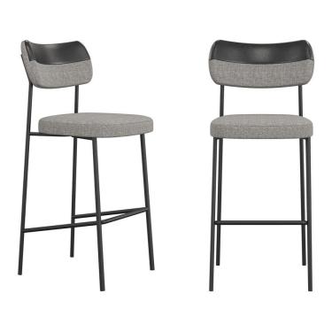 Imagem de Kit 02 Banquetas Altas Cozinha Lila Com Encosto Couríssimo Preto Linho Cinza - Abmaza