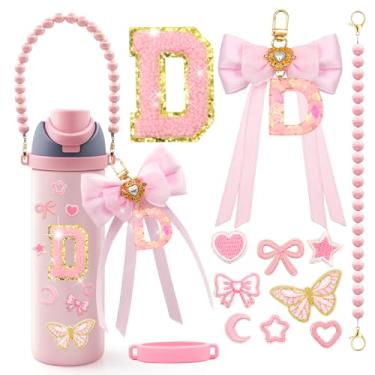 Imagem de LBU 12 peças de acessórios de letras para garrafa de água Owala 24/32/1,134 g com adesivo inicial fofo, chaveiro de letra do alfabeto de laço, alça de alça peral, decorações para copo Owala Freesip