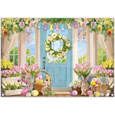 Imagem de Swepuck 2,1 x 1,5 m pano de fundo de páscoa colorido ovos coelhinho bandeira azul porta janela vista flores fundo fotografia festival família decoração festa foto banner
