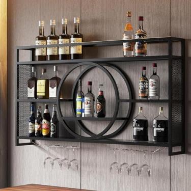 Imagem de HGTRH Rack de vinho montado na parede com suporte de vidro, grande prateleira de bebidas para bar doméstico montada na parede, suporte de exibição de garrafa de vinho de 3 níveis, grande capacidade de