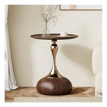 Imagem de Mesas laterais redondas para sala de estar, mesa lateral de sofá com acabamento de textura de madeira de aço inoxidável para pequenos espaços, quarto, sofá, varandas A