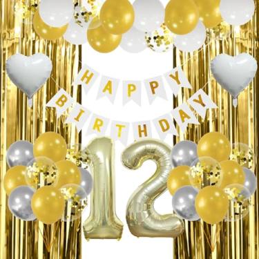 Imagem de Champagne Gold Balloons 12th Birthday Decoration Boy Blue Happy 12 Birthday Party Balloons Garland Kit 12th Birthday Supplies with Gold Number 12 Balloon Foil Balloons for 12 Year Old Teens Boys Decor