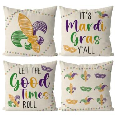 Imagem de QIONG MENG Capas de almofada para carnaval 45,7 x 45,7 cm, conjunto de 4 contas, máscara de baile de máscaras, fronha, flor-de-lis, decoração para sala de estar, decoração de carnaval