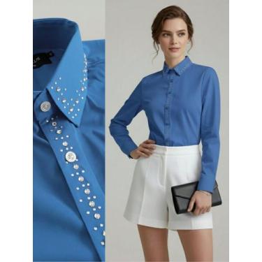 Imagem de Camisa Social Feminina com Linha de Strass Premium Azul Escuro Gola e 