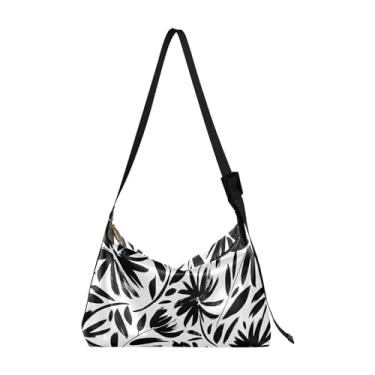 Imagem de Bolsas femininas de couro preto áster folha de palmeira Hobo bolsa transversal grande estampa de folhas bolsas de ombro único, Palmeira de folha de áster preta