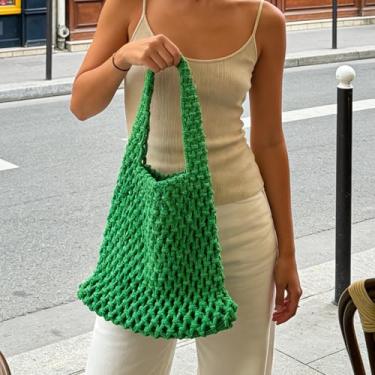 Imagem de Bolsa de malha de corda feita à mão, bolsa de tecido aberto para mulheres, homens, parceiros, passeios diários, viagens, compras, transporte diário, 1 peça, Verde, Large