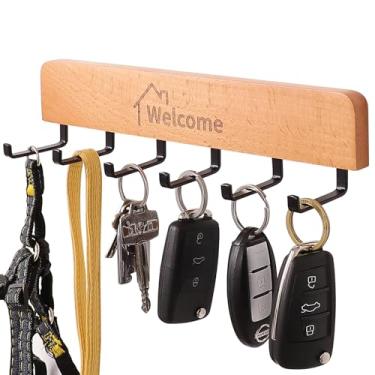 Imagem de SCUNDA Porta-chaves de madeira com ganchos de metal, sem adesivo de perfuração e parafusos, organizador de entrada de parede para chaves, casacos, chapéus, decoração de parede rústica de casa de