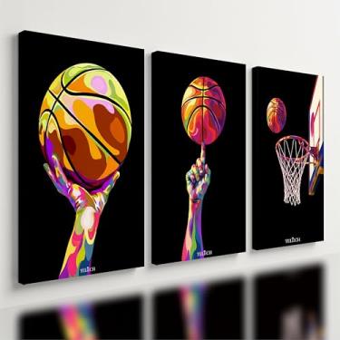 Imagem de Kit 3 Quadro Decorativo Basquete Colorido Bola Cesta Jogador Qualidade Premium Moderno Luxo (40x28cm)