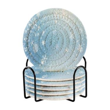 Imagem de Blueangle 6 peças de porta-copos de flocos de neve caindo para bebidas, porta-copos de tecido redondo super absorvente para mesa de café, proteção de mesa para decoração de casa (428)