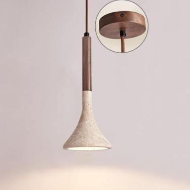 Imagem de Wabi Sabi Pedra Natural Ilha De Cozinha Luminária Pendente Para Casa De Fazenda Mid Century Modern Travertino Pingente Luz Ajustável Funil Lâmpada De Madeira Vintage Pingente Lustr, Walnut Color