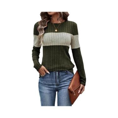 Imagem de Camiseta Feminina De Manga Longa Com Gola Redonda E Patchwork Em Cores