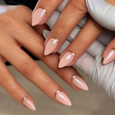 Imagem de KXAMELIE Unhas de amêndoa – unhas curtas de pressão com cola, unhas postiças rosa nude neutra projetadas em 15 tamanhos – kit de 30 unhas de gel macio para mulheres, cromo reverso dourado francês
