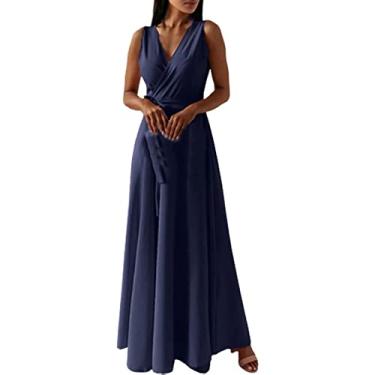 Imagem de UIFLQXX Vestido longo feminino plus size, casual, sem mangas, cintura alta, vestido boêmio, vestido de noite, vestido pequeno, Azul-marinho, M