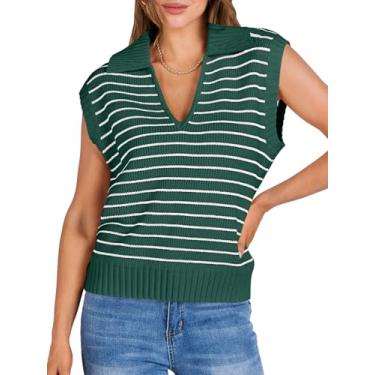 Imagem de ANRABESS Suéter feminino listrado sem mangas polo gola V malha regata cropped 2024 roupas modernas de verão, Listra branca verde, GG