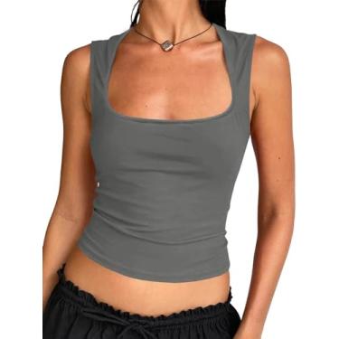 Imagem de Tankaneo Regatas femininas de gola quadrada slim fit cropped sem mangas camisetas básicas, Cinza escuro, GG