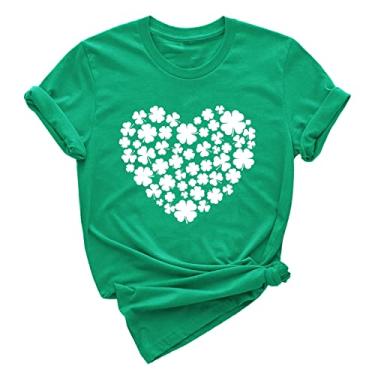 Imagem de Duobla Camiseta feminina de Dia de São Patrício com estampa de trevo e gola redonda com bandeira de trevo e gola redonda roupas casuais, A-4-verde, GG