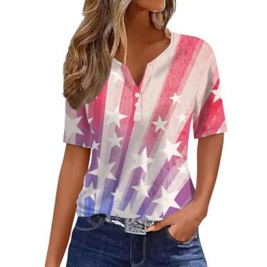 Imagem de Camisetas femininas 4th of July Patriotic American Flag Stars Stripes Shirt Graphic Vintage Blusa Button Summer Tunics, rosa, G