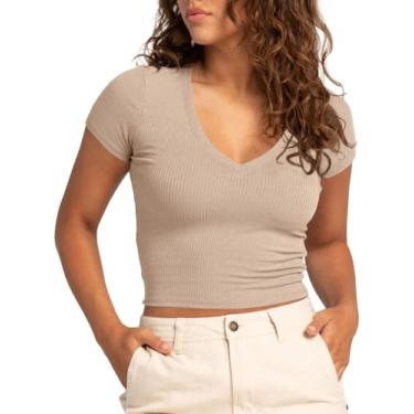 Imagem de Tankaneo Camiseta feminina cropped de verão manga curta gola V slim fit malha canelada camiseta básica Y2k, Damasco, GG
