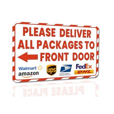 Imagem de Placa de entrega de embalagem para uso externo - Por favor, entregue todos os pacotes na porta da frente com seta para a esquerda - Sinais de entrega de alumínio enferrujado para pacotes, caixa de