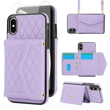 Imagem de Asuwish Capa de celular para iPhone Xs Max carteira com protetor de tela de vidro temperado com bloqueio de RFID, alça transversal i X XR Xsmax 10x SX Xmax 10xs 10s 10 Plus Xmaxs mulheres meninas roxo