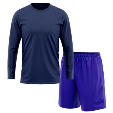 Imagem de Kit Calção Short Futebol Basquete Azul + Manga Longa Masculina Segunda Pele Dry-Masculino