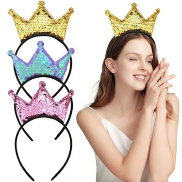 Imagem de Pacote com 3 faixas de cabeça com lantejoulas, coroas de princesa, glitter, argola de cabelo dourada brilhante, acessórios de faixa de cabelo para mulheres, decoração de cabelo elástica, lembrancinhas