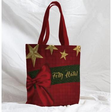 Imagem de Bolsa Sacola Artesanal de Tecido Feliz Natal Laço Vermelho - Core Deco