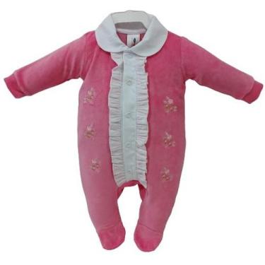 Imagem de Macacão Plush Bebê Feminino Bordado Chuquinha Baby Babado, Rosa escuro