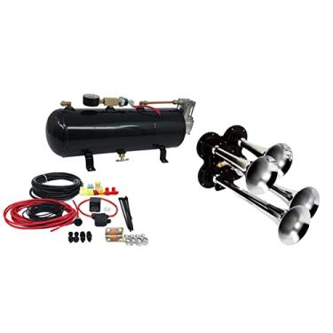 Imagem de MPC Kit de Buzina de Ar de Trem de 4 Trombetas - Cabe Em Quase Qualquer Veículo: Caminhão, Carro, Jipe, Suv. Inclui Quatro Trombetas Cromadas com Sistema de Ar Multifuncional: 110 Psi, Compressor de A