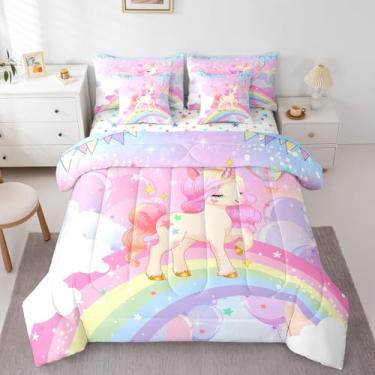 Imagem de Feelyou Conjunto de edredom de unicórnio para meninas, lençol completo, arco-íris, rosa, unicórnio com estrelas fofas, 7 peças, adolescentes, adultos, decoração de quarto de todas as estações