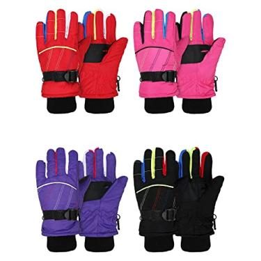 Imagem de Hicarer 4 pares de luvas de inverno para crianças, à prova d'água, para esqui na neve, roupas de camuflagem unissex quentes para clima frio, meninas, meninos e crianças, roxo, rosa, preto, vermelho, 1