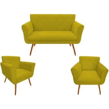 Imagem de Kit Namoradeira + 2 Poltronas Decorativa Sabrina Couro Amarelo Pés Mad