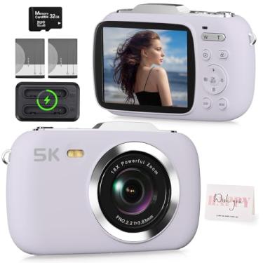 Imagem de Câmeras digitais 5K para fotografia, câmera compacta de vlogging de 80 MP para YouTube, câmera de fotografia de viagem com cartão TF de 32 GB para adolescentes iniciantes - roxo