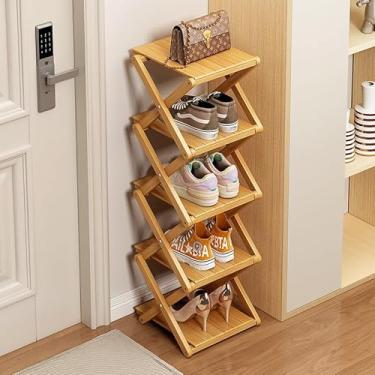 Imagem de XZXWZX Sapateira, organizador de sapatos dobrável de bambu para entrada, armário, quarto, corredor, natural, funcional, sapateira multifuncional (cor de madeira), 5 camadas