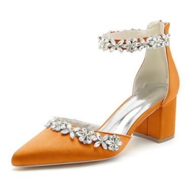 Imagem de Jishevous Sandália feminina de salto fino salto bloco cristal grosso casamento sapato social salto baixo confortável, Laranja, 40 BR