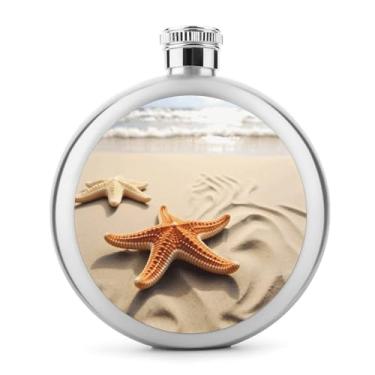 Imagem de Cantil clássico com estampa de estrela-do-mar na areia da praia, frasco de aço inoxidável para licor, frasco de bolso de 142 g