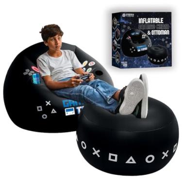 Imagem de FranFusion Cadeira inflável de jogos para crianças e adolescentes com otomano, inclui porta-copos e bolso lateral - esta cadeira de jogo de pufe com otomano é o mobiliário perfeito para decoração de sala de jogadores