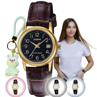 Imagem de Relógio de Pulso Casio Collection Feminino Classico Analógico Pequeno Pulseira Couro Casual Dourado LTP-V002GL-1BUDF + Chaveiro