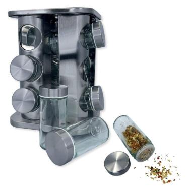 Imagem de Porta Tempero Luxo Giratório Inox Com 12 Potinhos Vidro