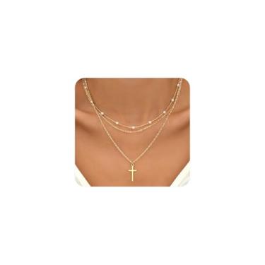 Imagem de Conjunto de colar de pérolas com cruz dourada em camadas para mulheres, delicado, vintage, empilhável, crucifixo com contas, gargantilha religiosa, colar de pérolas, acessórios de casamento, Large
