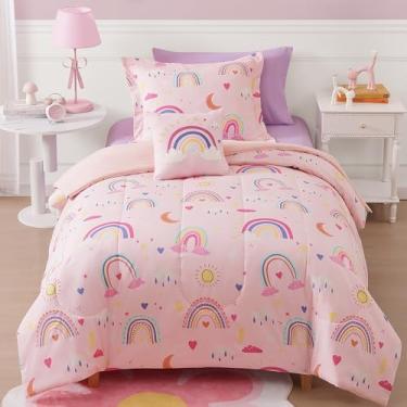 Imagem de Wink Deer Conjunto de edredom solteiro para meninas, 3 peças, arco-íris rosa que brilha no escuro, 1 edredom, 1 fronha e 1 travesseiro decorativo
