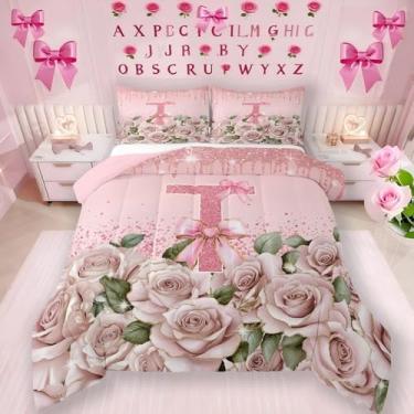 Imagem de Erosebridal Conjunto de edredom com letra A a Z, personalizado, letra T, conjunto de cama solteiro para meninas, monograma, laço rosa, romântico, edredom kawaii