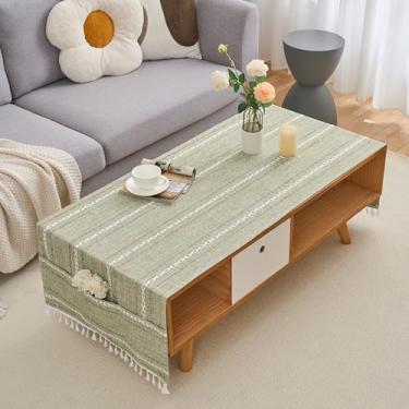 Imagem de Toalha de mesa de café retangular listrada toalha de mesa de linho rústica com borlas e bolsos bordada jacquard lavável capas de mesa de café para sala de estar, cozinha, decoração de casa, 61 x 183
