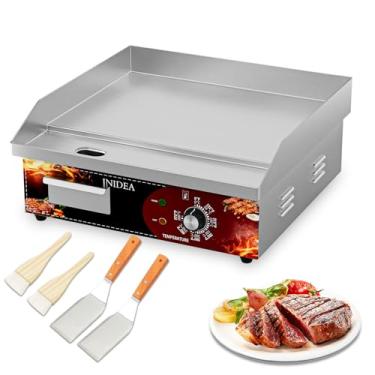Imagem de INIDEA Chapa elétrica de bancada de 45,7 cm, grelha plana de restaurante comercial 110V, churrasqueira Teppanyaki de aço inoxidável 1800W com placa de cozimento de ferro, controle de temperatura