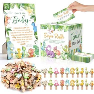 Imagem de 102 peças suprimentos para jogos de chá de bebê, sorteio de fraldas, caixa de cartão, mini prendedor de roupa, tema de dinossauro, chá de bebê, decoração de jogos para jogos, prêmios, revelação de