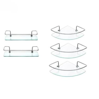 Imagem de Kit 3 Prateleiras de Vidro, Cantoneira para Banheiro, Incolor, 6mm, 29x20cm, Suporte em Alumínio, Design Moderno, Resistente à Água
