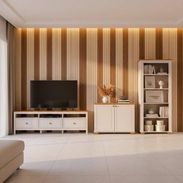 Imagem de Conjunto de Sala 3 Peças 1 Rack, 1 Estante,1 Armário Madeira Maciça Ananda Cabecasa Madeiramadeira Off White/Mel