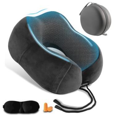 Imagem de Travesseiro de pescoço para viagens de avião, almofada de viagem de espuma viscoelástica para dormir com encosto de cabeça, vem com bolsa de armazenamento. Tampões de ouvido e máscara para os olhos