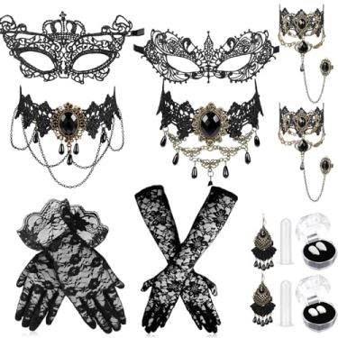 Imagem de Shyyween Conjunto de 14 peças de joias de Halloween, acessórios para fantasia de vampiro, retrô, gótica, vitoriana, princesa, gargantilha, colar, pulseira, brincos, máscara, luvas, festa de Halloween